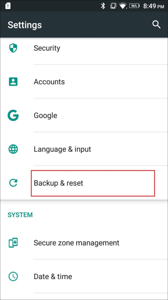 Settings Backup & reset