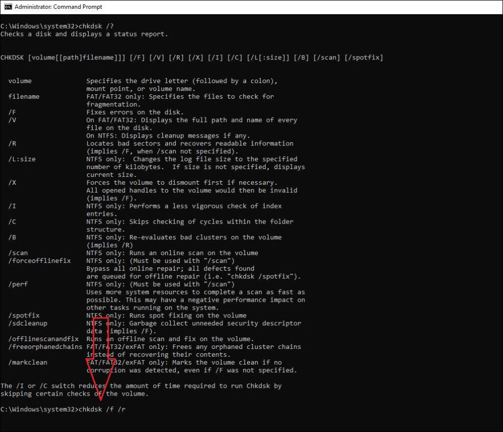 chkdsk help parameters